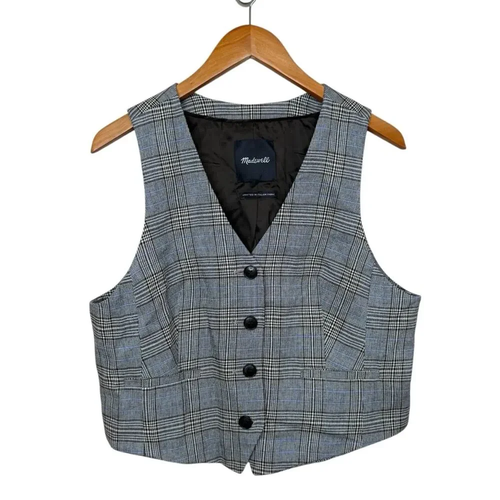 MADEWELL Wool Blend Waisted Vest in Yarn-Dye Plaid Brown Tan Career Women’s 14
